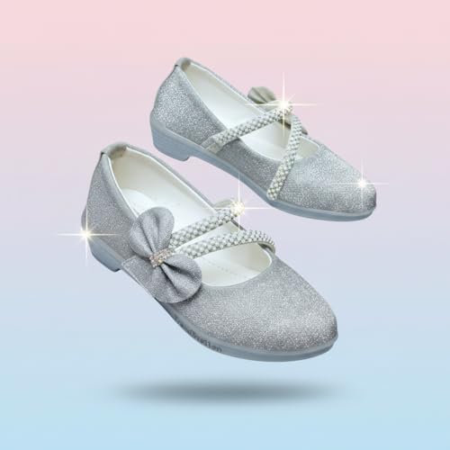 Image of Girls' Patent Mary Jane Shoes with Floral Embellishment, Attractive Colour's, Pearl Flower Welcro Glittery Bellies