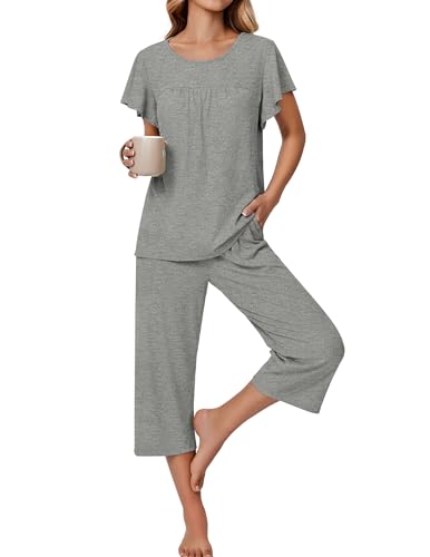 Ekouaer Capri Pajamas for Women Set Short Sleeve Lounge Set Soft Sleepwear Pullover Top and Pants Grey
