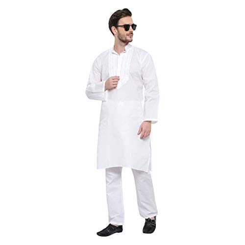 Image of Kurta Pajama with Mirror Work, Knee Length Mandarin Collar for Festive Party Ethnic Wear (IN, Alpha, S, White)