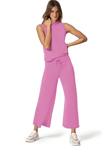 SAMPEEL Two Piece Sets for Women Summer Outfits Lounge Sets Mock Neck Tops Wide Leg Crop Pants Vacation Travel Outfits2