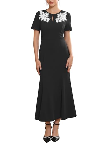 WOMLAYOUT Women's Wedding Guest Dress for Cocktail Lace Embroidered Crewneck