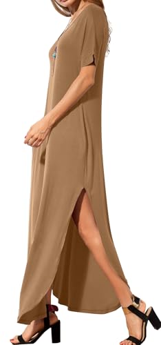 Image of GRECERELLE Women's Summer Maxi Dress Casual Loose V Neck Short Sleeve Side Split Long Dresses with Functional Pockets