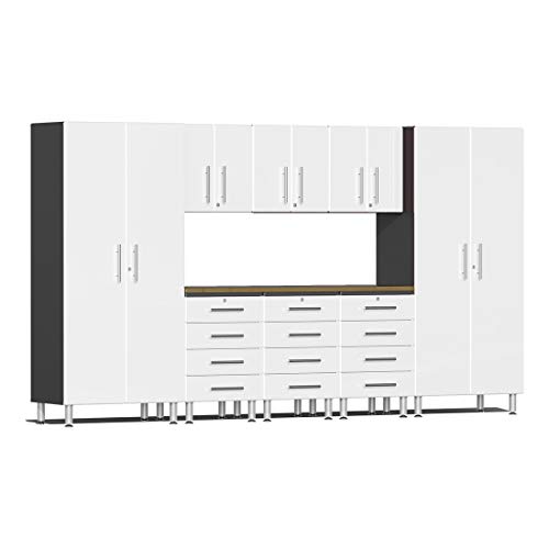 Ulti-MATE UG22092W 9-Piece Garage Cabinet Kit with Bamboo Worktop in Starfire White Metallic