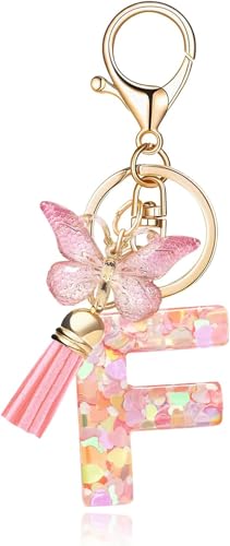 Image of GEOCARTER Lightweight Fashion Initial Letter Key Ring with Butterfly Pendant & Tassel, Stylish Purse Charm for Handbags, Car Keys, Gifts for Girls & Women