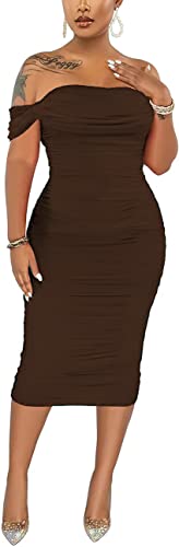 Image of Fooullaide Women's Sexy Off Shoulder Sleeveless Bodycon Ruched Midi Dress | Stretchy, Breathable, Mesh, Not See-Through, Elegant,Formal Gown, Cocktail, Evening, Party, Night Out Tube Dresses