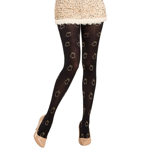 MANZI Women's Christmas Tights Black Patterned Tights with Designs Holiday Costume Pantyhose 40 Denier One Size Golden Bell