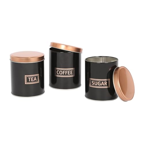 Harbour Housewares 3pc Tea Coffee Sugar Canisters Set Black & Copper Round Metal Kitchen Storage Tins with Airtight Lids Modern Industrial Food Caddy Containers for Countertop Organisation
