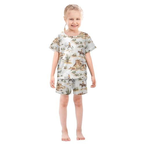 ALAZA Western Cowboy Cactus Pajamas Set Short Sleeve Cotton Sleepwear Summer Pjs 2 Piece 5-14Y3