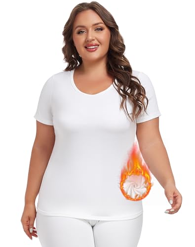 MOSCOAL Plus Size Thermal Top for Women Short Sleeve Thermal Shirt Fleece Lined Underscrubs Long Johns Base Layer White 18 Plus