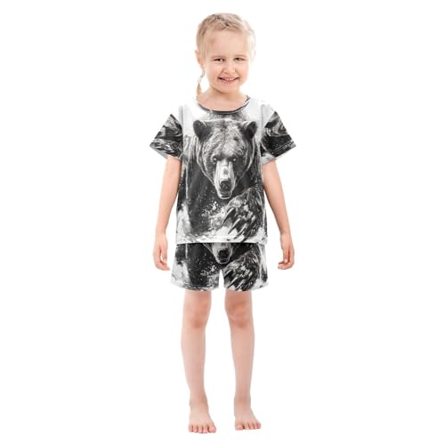 ALAZA Bear Black White Pajamas Set Short Sleeve Cotton Sleepwear Summer Pjs 2 Piece 5-14Y3
