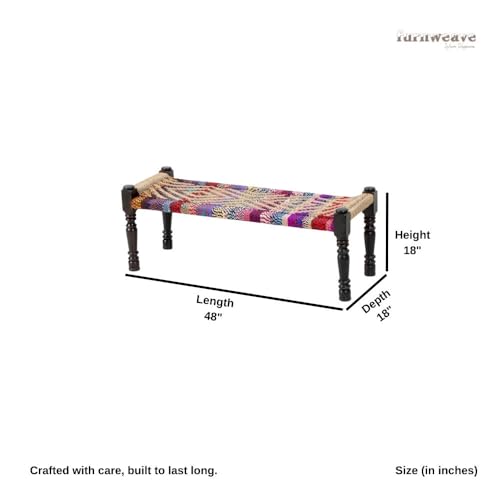 Image of Wooden Bench for Seating | Handcrafted Sheesham Wood Bench for Living Room, Balcony & Garden | Traditional Patio for Outdoor with Chindi and Jute Handwoven Rope | Jute and Multicolor