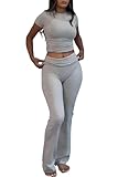 LAVIQK Women's 2 Piece Lounge Sets Short Sleeve Cropped Top Sets Fold-over Flare Pants Casual Outfits Pajamas Comfy Loungewear Yoga Tracksuit