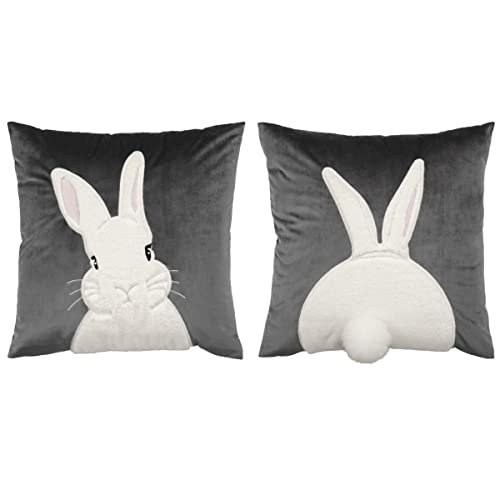 2er Set Ostern Kissenbezug Samt Soft Solid Kissenhülle 3D bestickter Ostern Hase kopfkissenbezug Ostern Deko Quadrat Wurf Kissenbezug Dekokissen Sofa Kissen Schlafzimmer Sofakissen 45x45cm (grau)