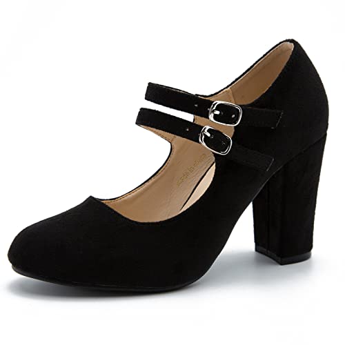 Womens Mary Jane Pumps Double Strap Chunky Block High Heel Round Toe 3.54 Inch Dress Shoes Suede Black 26.01cm Insole - US 9.5