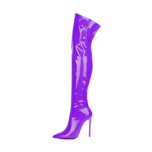 Image of Thigh high boots for women striped Back zipper Burgundy Zebra Print Over the knee Sexy gold white pointed toe Cow Print leopard Magenta stiletto heel