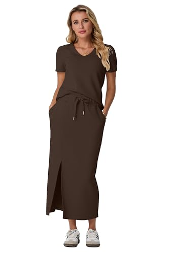 Image of GRECERELLE Women Summer Casual 2 Piece Sets V-Neck Wrinkle-Free Top & Elastic Waist Midi Side Slit Skirt with Pockets
