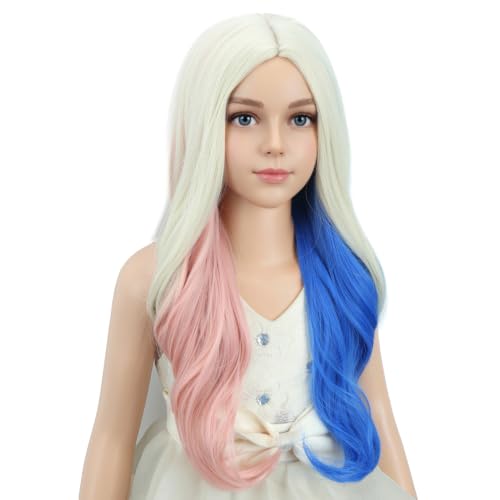 Image of PATTNIUM Pink and Blue Wavy Wig for Girls Kids Long Wavy Curly Wig Blonde Mixed Pink Blue Wigs Cosplay Halloween Party Wigs
