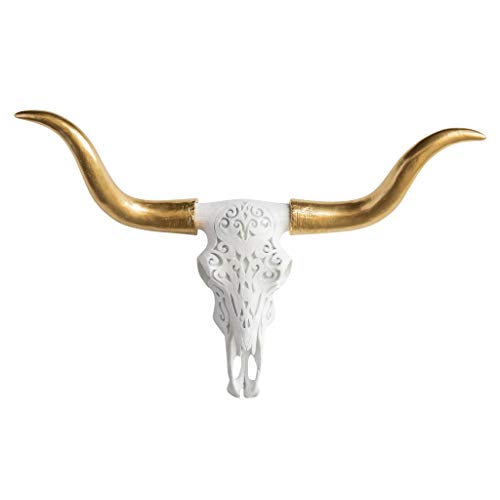 Nähe und Deer Faux TAXIDERMIE geschnitzt Texas Longhorn Kuh Totenkopf Wandhalterung, groß, weiß/Gold Cover