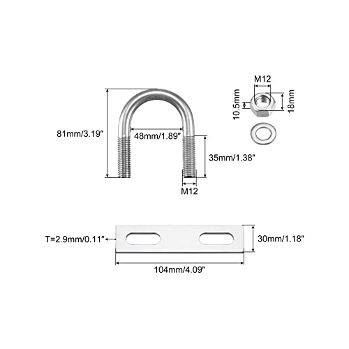 Image of uxcell Round U-Bolts, 48mm(1.89 inch) Inner Width 81mm Length M12 304 Stainless Steel U Clamp Bolt with Nuts Washers and Plates, for Boat Trailer