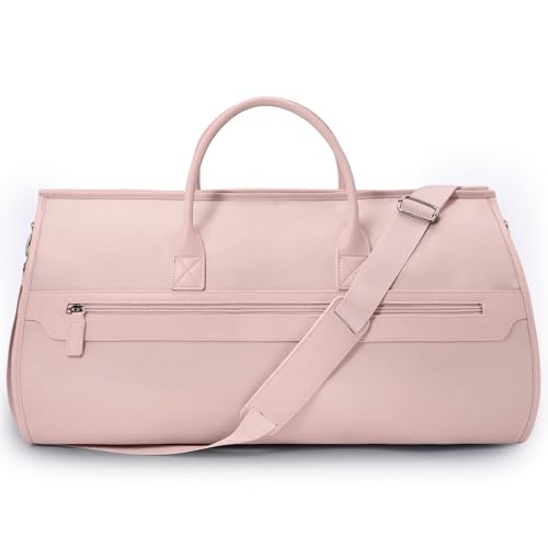 NOBL Travel Fold N Go Duffel Bag, 2-in-1 Convertible Garment Weekender Bag & Suit Carrier, Large Carry On Duffle Bag for Men & Women, Leather Overnight Bag with 2 Shoe Compartments - Pink