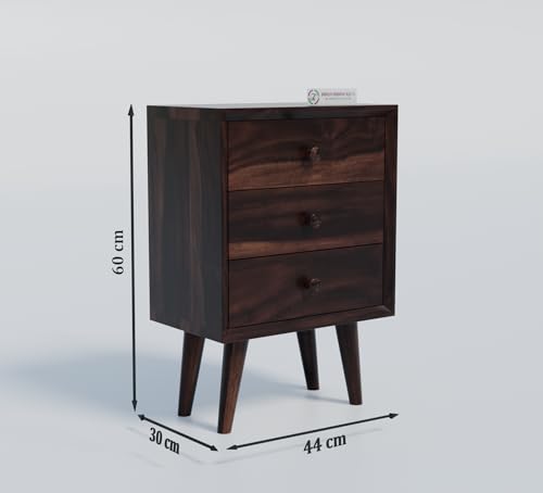 Image of Jangid Handicraft Solid Sheesham Wood Bedside Table for Bedroom | Wooden Bed Side Nightstand End Table with 3 Drawer Storage for Home & Living Room | Sofa Side Table | Rosewood, Walnut Finish