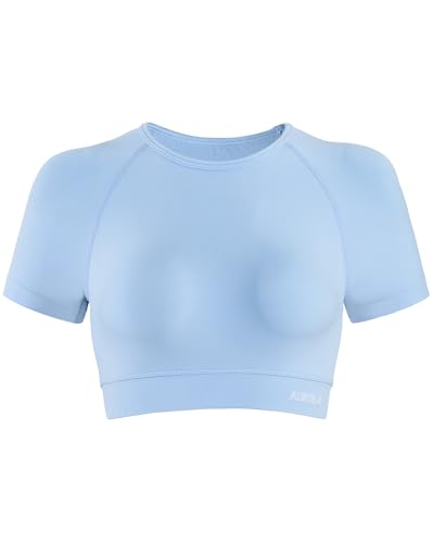 Image of AUROLA Influence Women Crop Top Short Sleeve Compression Workout T-Shirt | Raglan Short Sleeve Crop Top, High-Stretch Seamless Knit, Stay-Put Ribbed Underband, Soft Breathable Comfort
