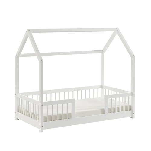 BAÏTA Lit cabane avec barrières Tiny pin Massif Blanc 70x140 sommier Inclus