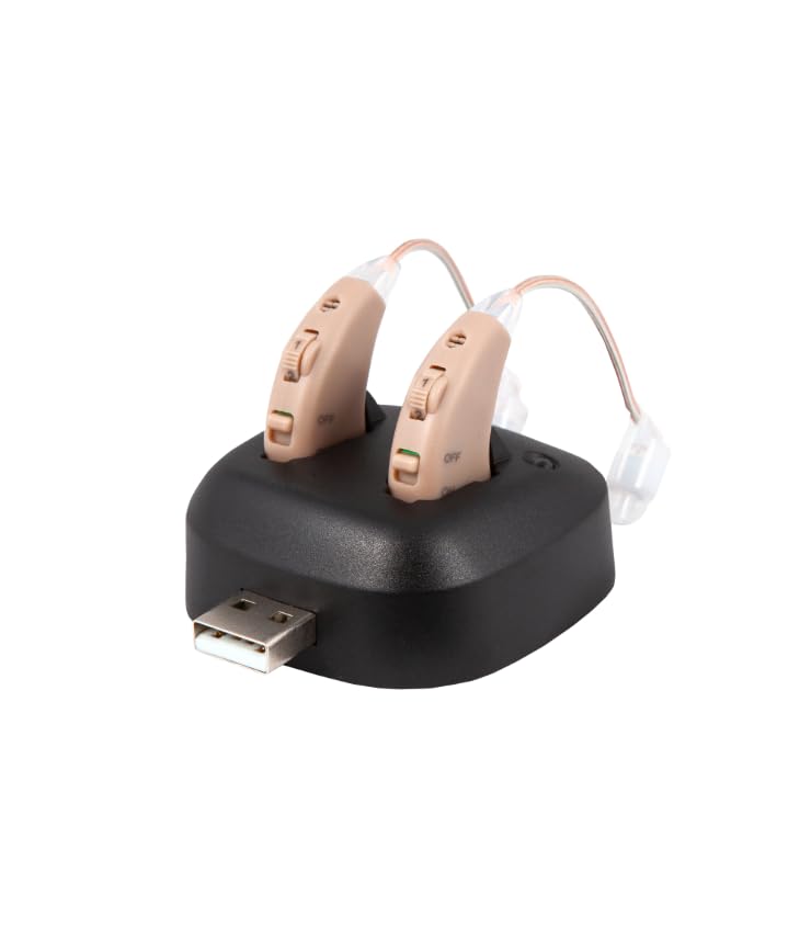 YAOIGO™ Amplificador de Sonido Recargable (2 Dispositivos), Ultraligero, Discreto con Base de Carga, 4 Niveles de Volumen y Autonomía de 16h, Incluye Estuche y Accesorios. Oye Alto, Claro y Nítido.