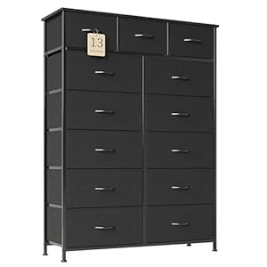 COTUBLR 13 Drawer Dresser for Bedroom, Tall Chest of Drawers, Fabric Dresser with Wooden Top & Steel Frame, Storage Organizer Unit with Fabric Bins for Bedroom, Living Room, Hallway, Black