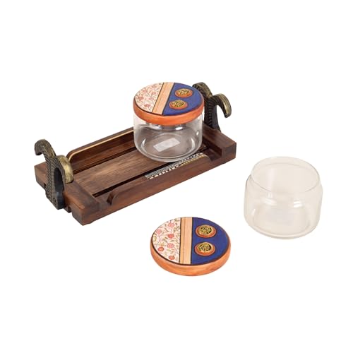 Image of AAKRITI ART CREATIONS Joyful Noshing S02 Wooden Tray with 2 Glass Jars | Dhokra Warli Fusion Art | Multi-Colored Matte Finish | Wood & Glass Kitchen Storage & Decor