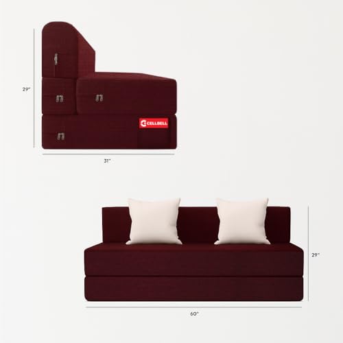 Image of CELLBELL Comfy Sofa Cum Bed 5x6.25 Feet | Foldable Dual Use Couch Bed with Soft Cushions, Washable Fabric Cover & Sturdy Frame | Space Saving Modern Design for Living Room, Bedroom Guest Use (Maroon)