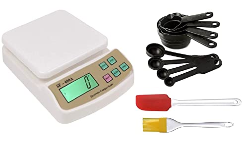 Holesalemart Combo Pack SF400A Electronic Digital Kitchen Weighing Scale 10kg + 8 Piece Black Measuring Cup & Spoon Set + Silicone Brush & Spatula Set