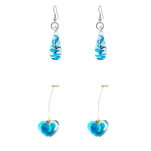 GIMEFIVE Handmade Water Drop Shape Spiral Lampwork Fashion Glass Bead Pendant Dangle Earrings (Blue)