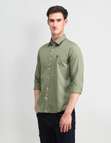 Image of U.S. Polo ASSN. Solid Slim Fit Shirts for Men - 100% Cotton, Full Sleeve Mens Casual Shirts