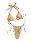 Generico Bikini Micro Khaki 2026 Donna con spillano Push-up Reggiseno Perle a Lacci Tanga Costume da Bagno Brasiliano Costume da Bagno da Vacanza-M
