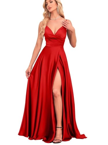 IIF Bridesmaid Dresses with Slit Satin A Line Spaghetti Strap Formal Prom Evening Party Gown with Pocket IIF023
