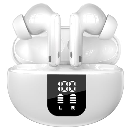 Wireless Earbuds, Bluetooth 5.4 Headphones in Ear with 4 ENC Noise Cancelling Mic,Wireless Earphones HiFi Stereo Deep Bass,Bluetooth Earbuds Dual LED Display, 40H Playtime, IP7 Waterproof, USB-C,White