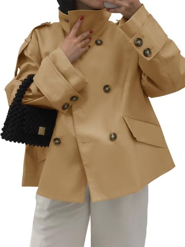 Image of Tankaneo Womens Short Trench Coat Oversized Double Breasted Stand Collar Cropped Jacket Fall Casual Work Outerwear