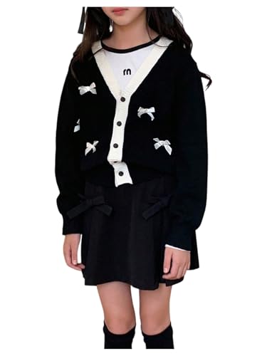WDIRARA Girl's Cute Bow Cardigan Sweater Button Down Long Sleeve V Neck Knit Outerwear
