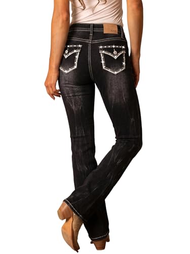 Women's Mid Rise Bootcut Jeans Western Rhinestone Stretchy Denim Pants