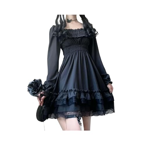 FRESQA Mini Vestido Negro de Princesa Estilo japonés Lolita para Mujer, Vestido gótico de Cintura Alta con Cuello Oblicuo y Manga abombada, Vestidos de Fiesta con Volantes de Encaje