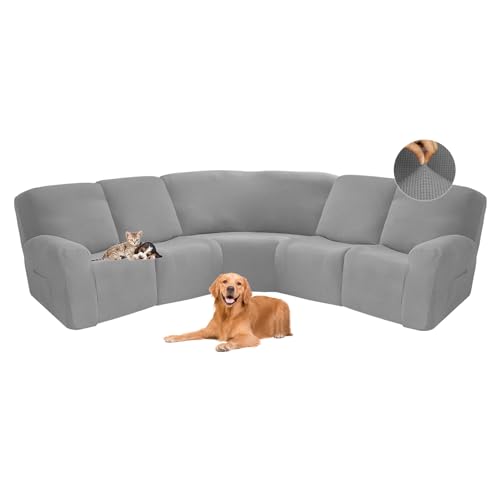 NNSMUN Funda Sofa Rinconera Elastica 5 Plazas, Protector Esquinero Jacquard 7 Piezas, Antideslizante (Gris Claro, 5 Asientos)