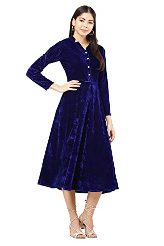 Image of Women's Midi Velvet Short DressWith Band Collar and Sleeve