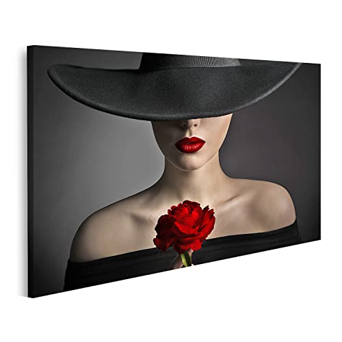 islandburner Tableau sur Toile Fleur Rose Rouge Lèvres Femme Chapeau Noir Mannequin Beauté Cadre Affiche Poster Murale Tableaux