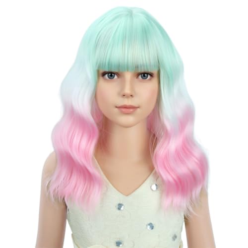 Image of PATTNIUM Girls Green White Pink Wig with Bangs Kids Short Wavy Curly Wig Rainbow Wigs Synthetic Halloween Costume Cosplay Party Wigs