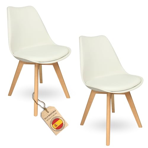 HOME DESIGN & CONFORT ®Sillas de Comedor Nórdicas con Respaldo Ergonómico con Material PU y Patas con 2,8cm de Anchura | Sillas de Cocina con Madera de Haya Maciza (2 Sillas Blancas)