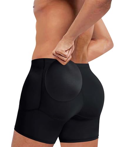 TAILONG Men's Underwear Boxer Briefs Tummy Control Body Shaper Enhance Butt Lifter Shapewear with Removable Padded (Black, Medium)