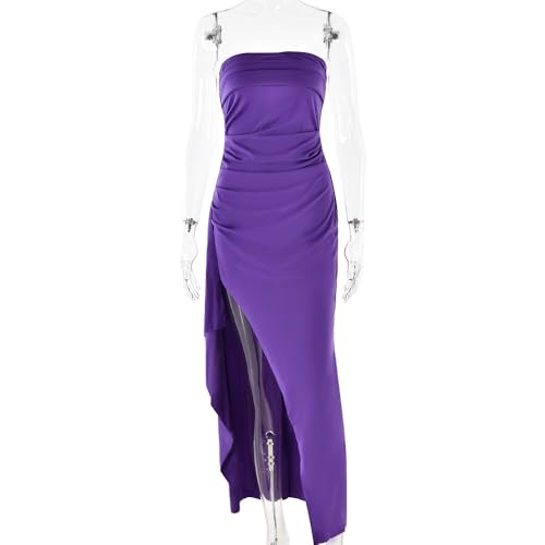 Image of Women's Sexy Strapless Backless High Split Long Maxi Dress Ruched Off Shoulder Sleeveless Bodycon Party Cocktail Dresses