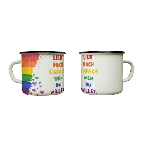 Tasse LGBTQ - Regenbogen Motiv, 300 Milliliter Kapazität Emailletasse, lustiges Geschenk für Familie, Partner und Freunde (Liebe doch einfach wen du willst (Emaille))