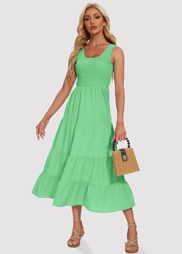 Image of Women's Summer Smocked Maxi Dresses Sleeveless U Neck Ruffle Hem Tiered A Line Flowy Dress